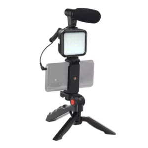 Kit Gravação Vlogger Jumpflash 01LM com Microfone, LED, Mini Tripé e Controle para Smartphone