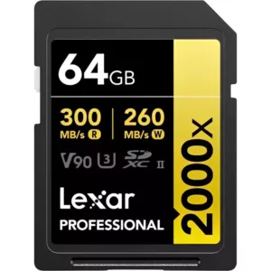Cartão de Memória SD Lexar Professional Gold 2000x 300-260 MB/s C10 U3 V90 UHS-II 64GB