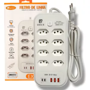 Filtro de Linha 8 Tomadas 5 Entradas USB 2800W 2 Metros