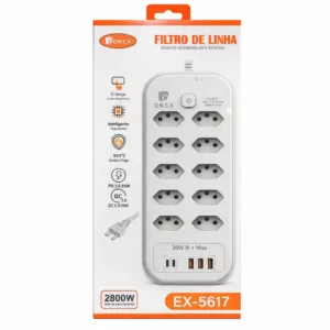 Filtro de Linha 10 Tomadas 5 Entradas USB 2800W 2 Metros Onex EX-5617