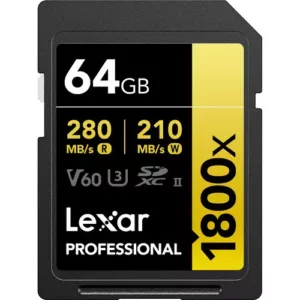 Cartão de Memória SD Lexar Professional Gold 1800x 280-210 MB/s C10 U3 V60 UHS-II 64GB